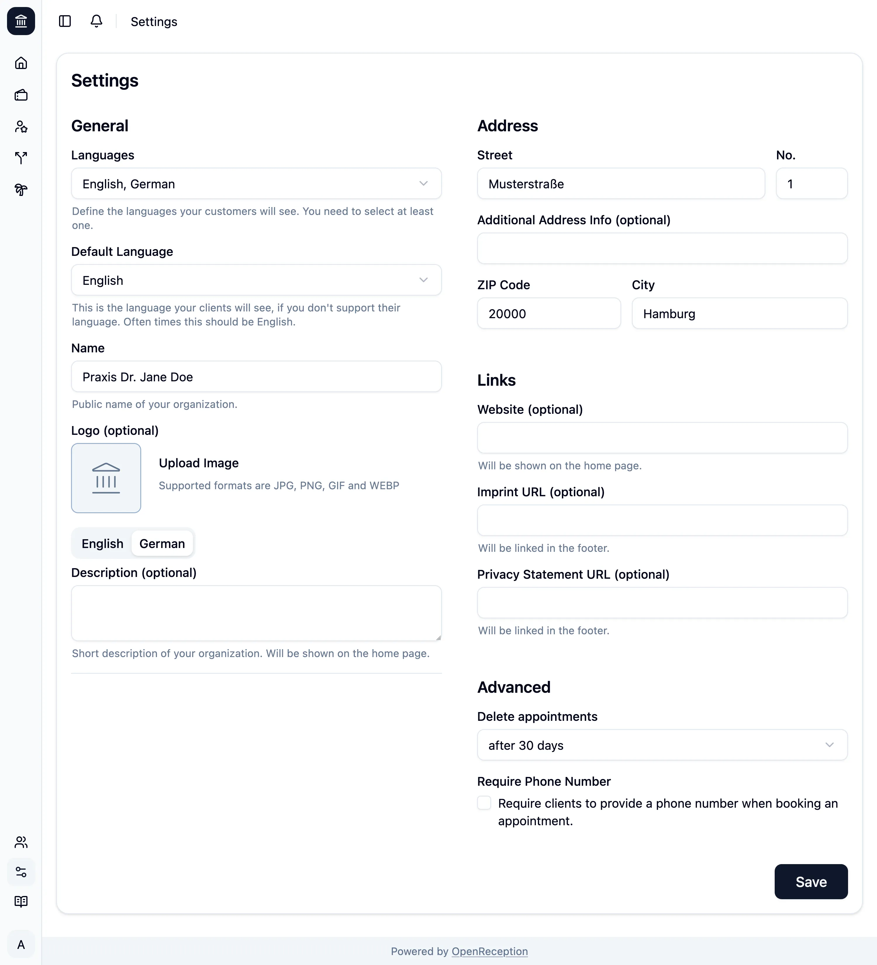 Tenant settings form