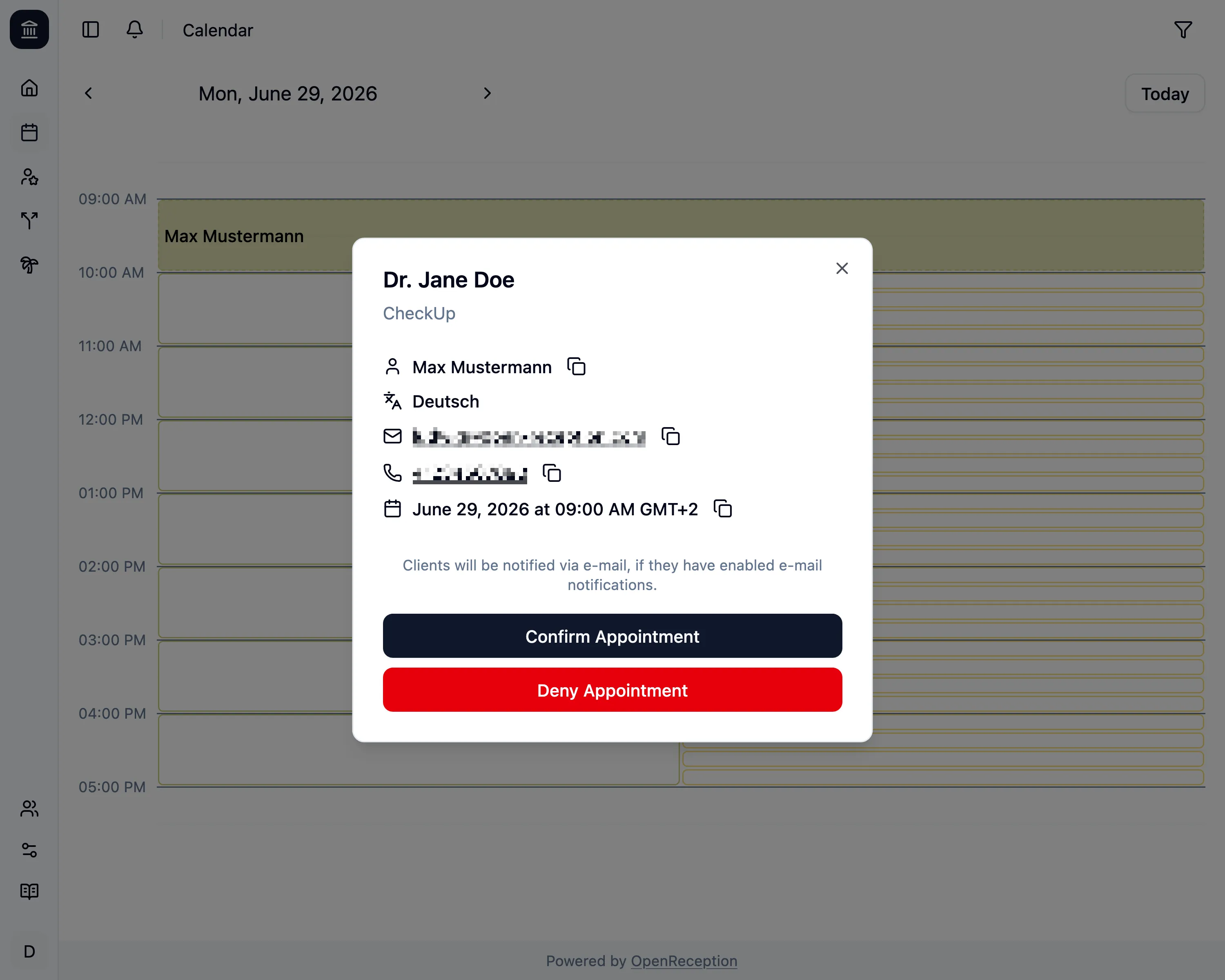 Appointment details with confirm button