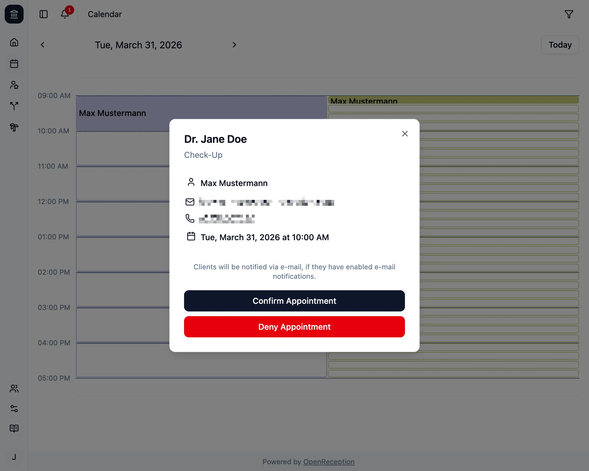 Appointment details with deny button