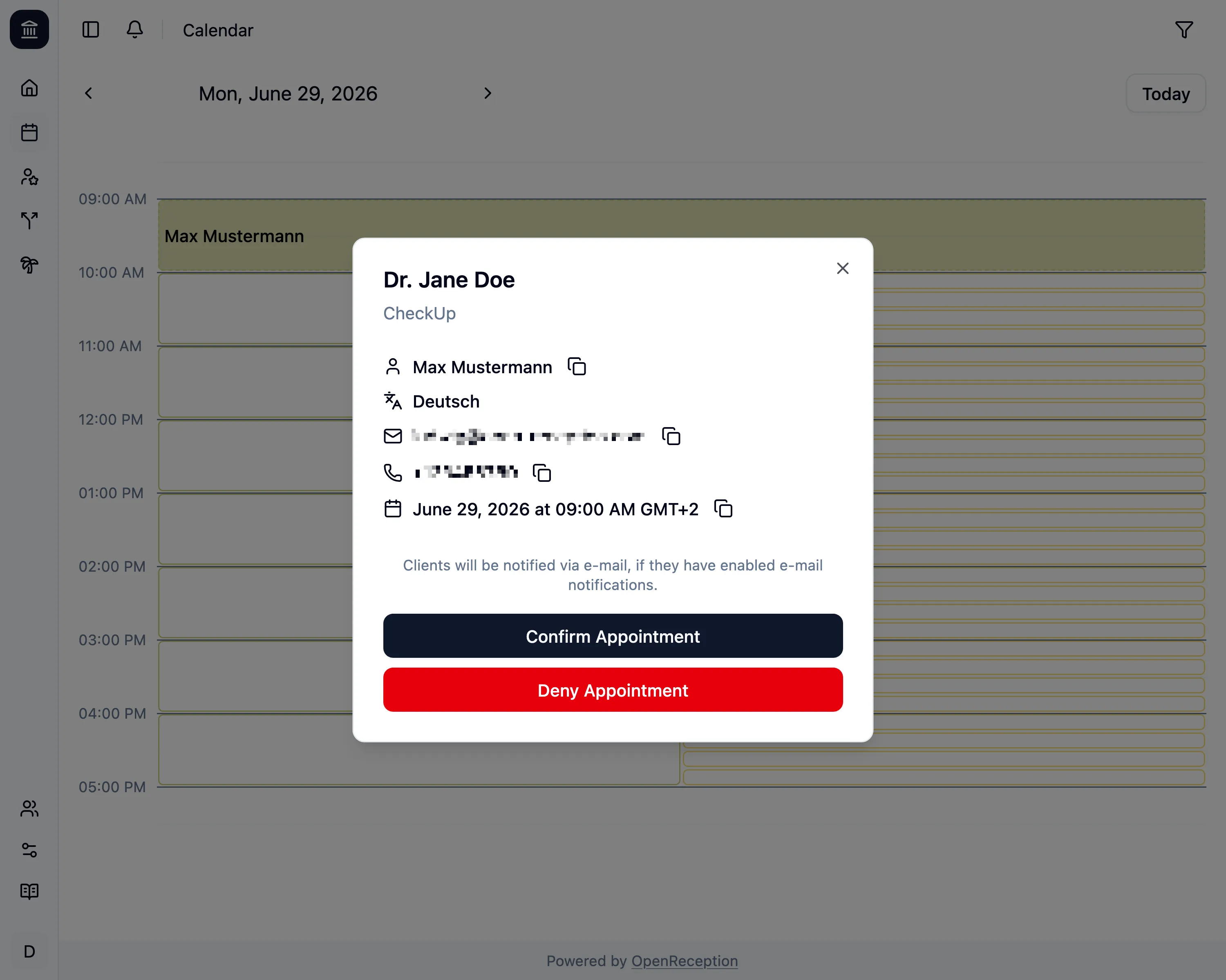 Appointment details with deny button