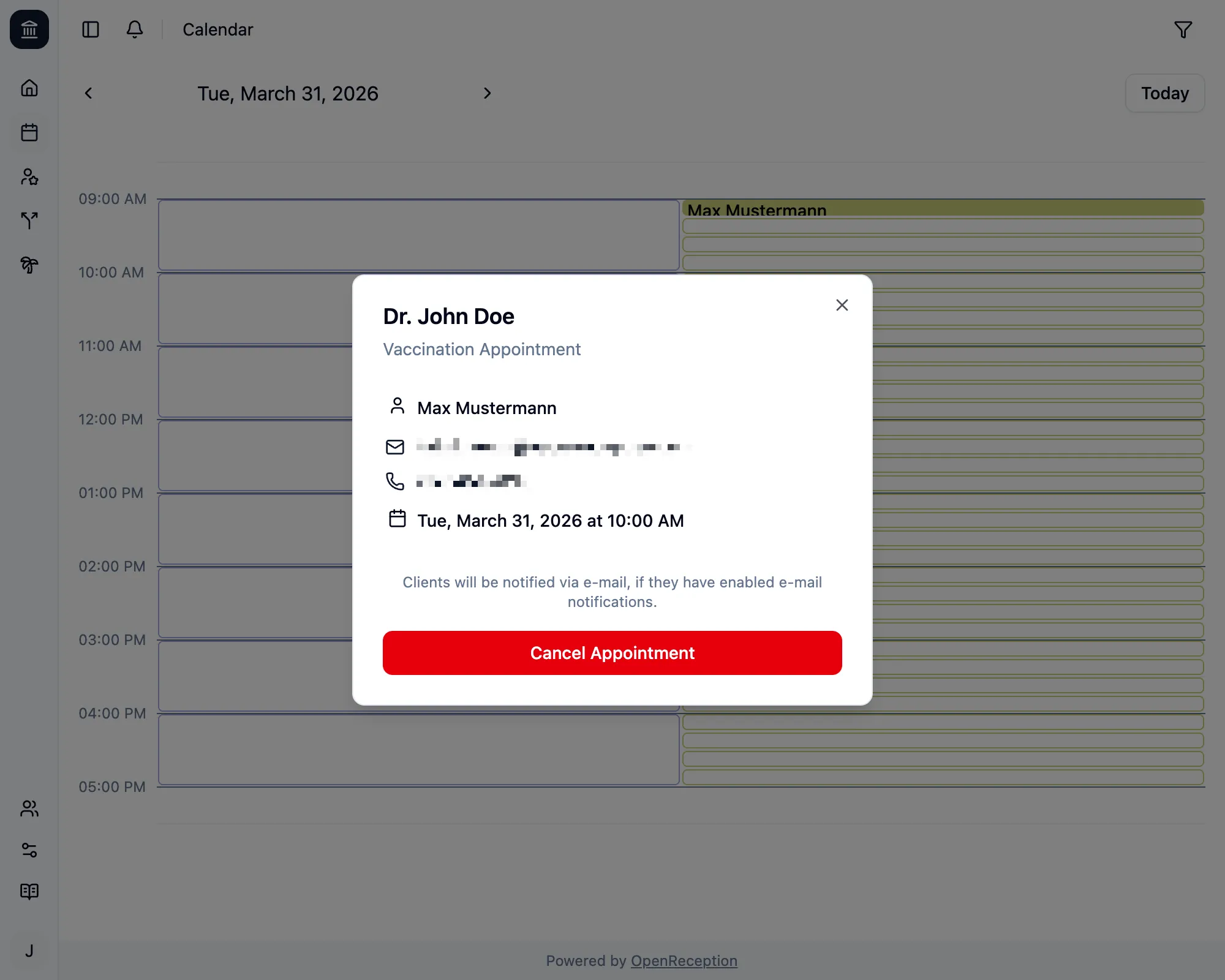 Appointment Details withing the calendar