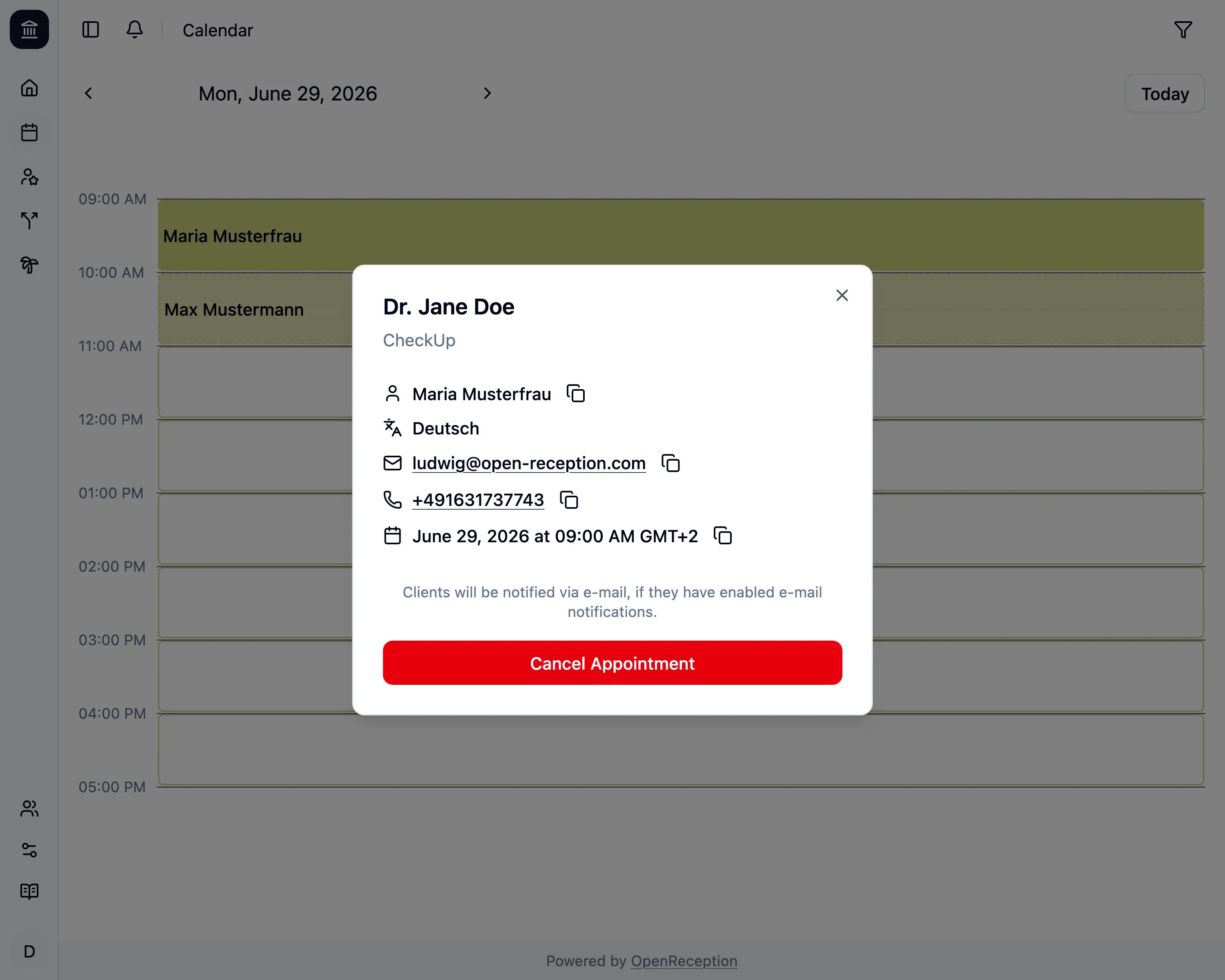 Appointment Details withing the calendar