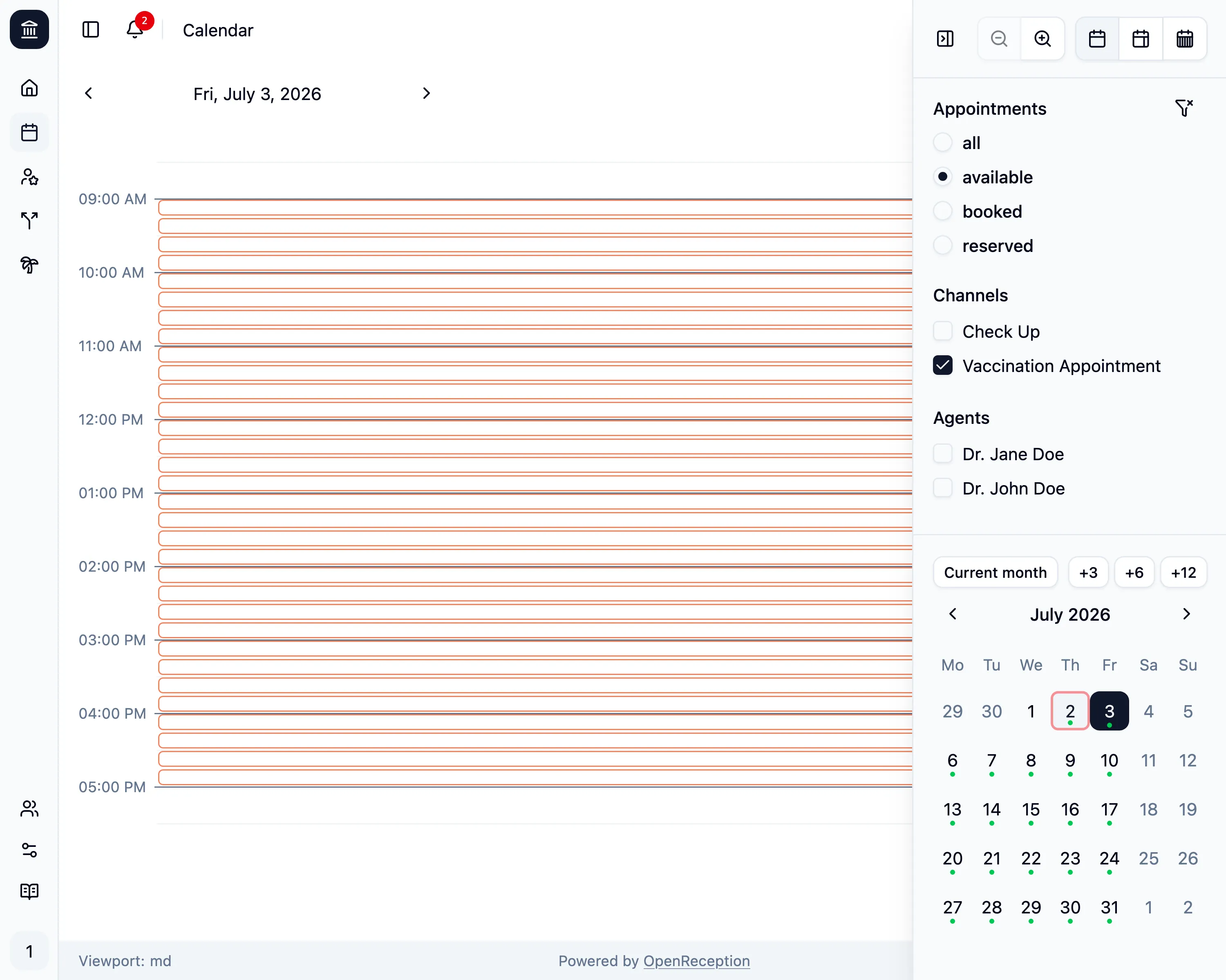 Calendar with open filter bar